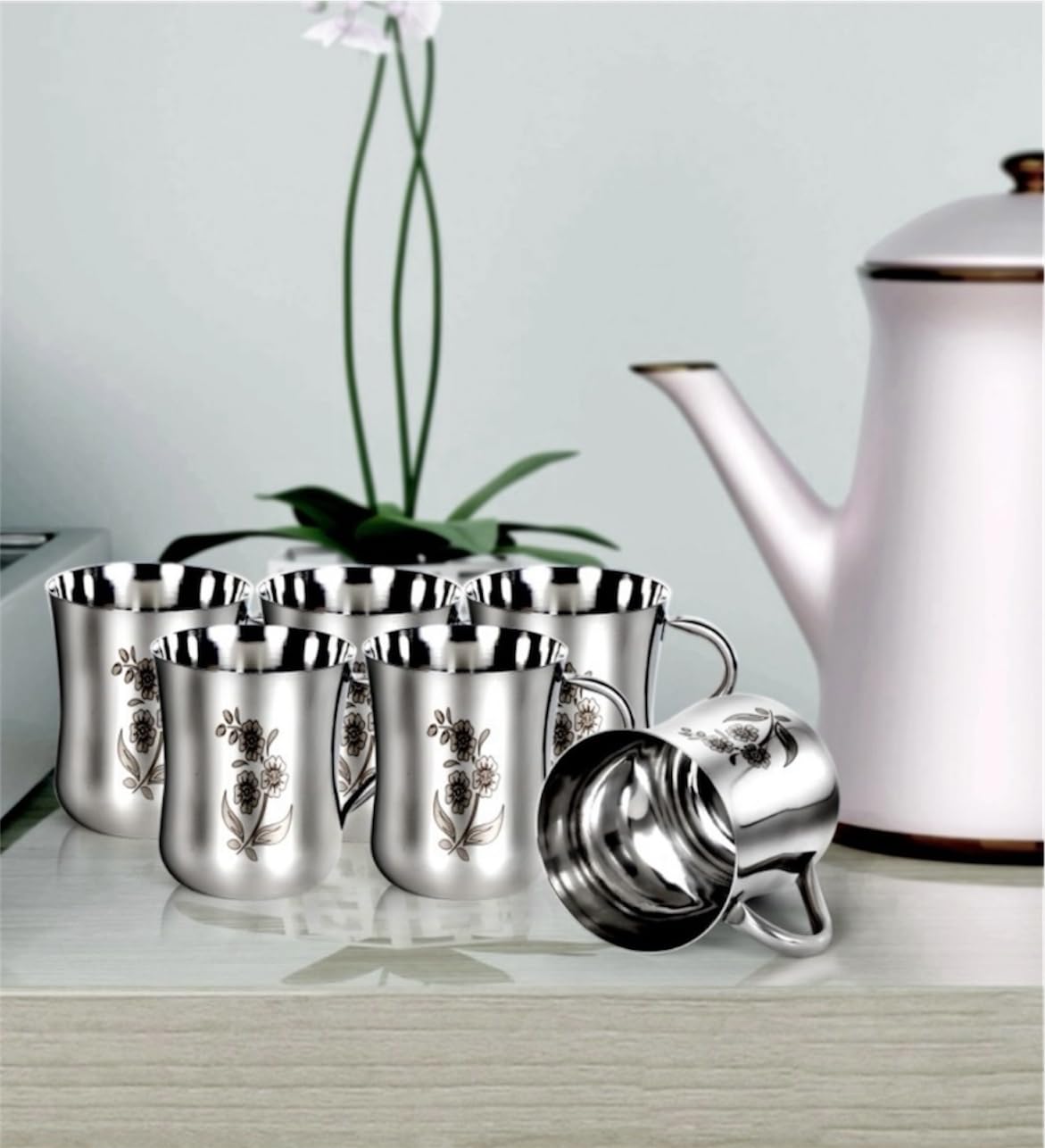 Buy Artha Stainless Steel Laser-Printed Cups – Set of 6 | 190ml